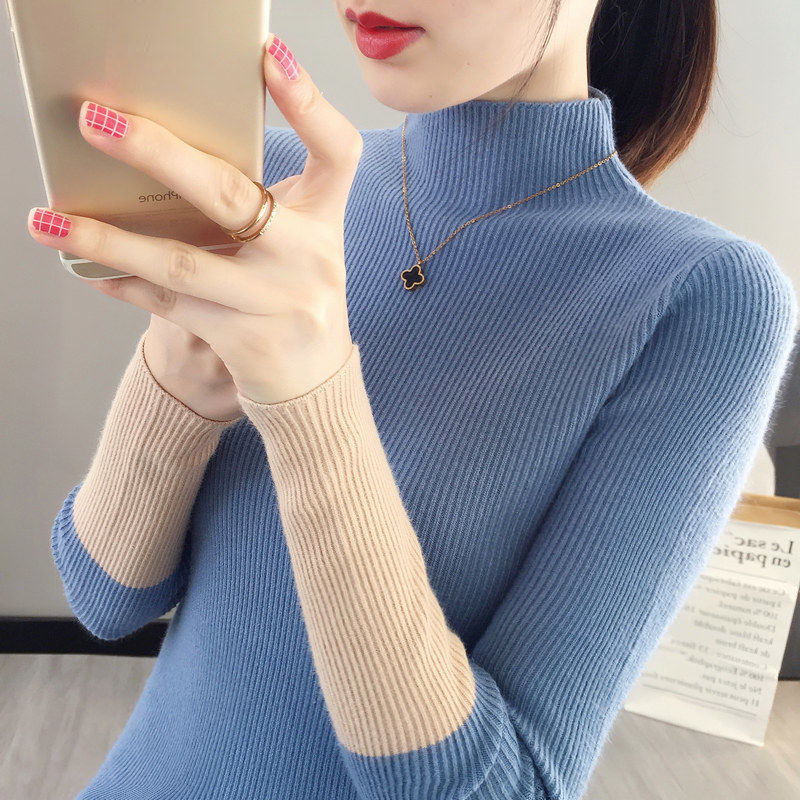 Sweater Women’s Half Turtleneck Color-block Knitwear Top Korean Slim Pullover Top Women’s Trending Sweater Autumn and Winter alx