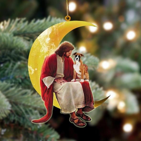 Boxer Dog And Jesus Sitting On The Moon Hanging Ornament