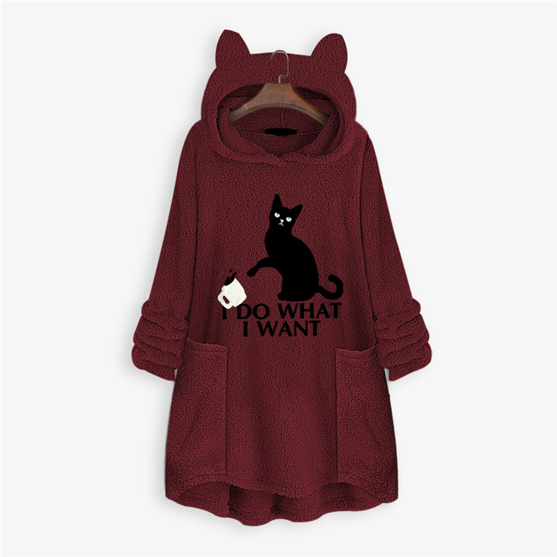 Cozy Cartoon Cat Ears Fleece Hoodie for Women Hooded Long Sleeve Ladies Sweatshirts Pullovers Spring Autumn Winter Girls Tops alx