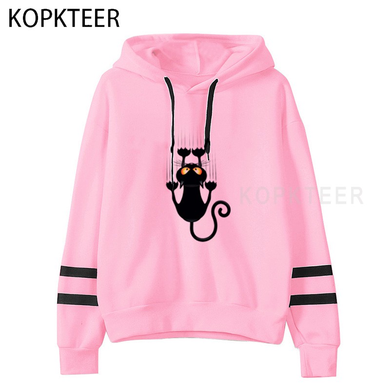 Black Cat Women Kawaii Style Hooded Sweater Autumn Ins Trend Loose All Match White Pink Top Coat Winter Clothes Women 2022 alx