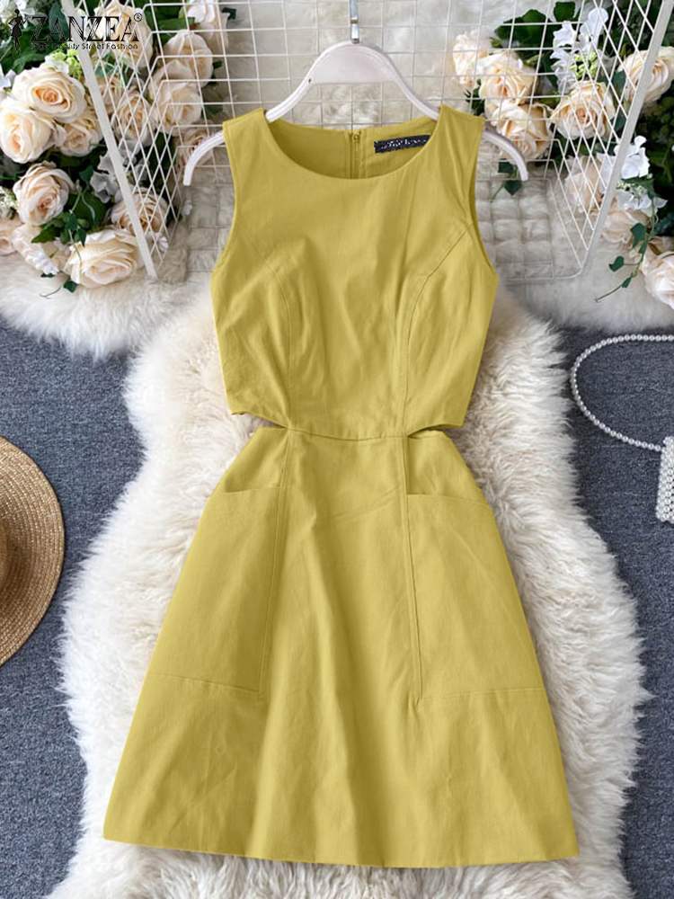 ZANZEA Women Casual Solid A-line Sundress Stylish Summer Sleeveless Hollow Out Dress Elegant Club Party Knee-length Vestidos alx