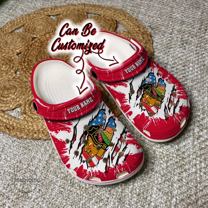 Blackhawks Personalized CBlackhawks Hockey Ripped American Flag Clog Shoes