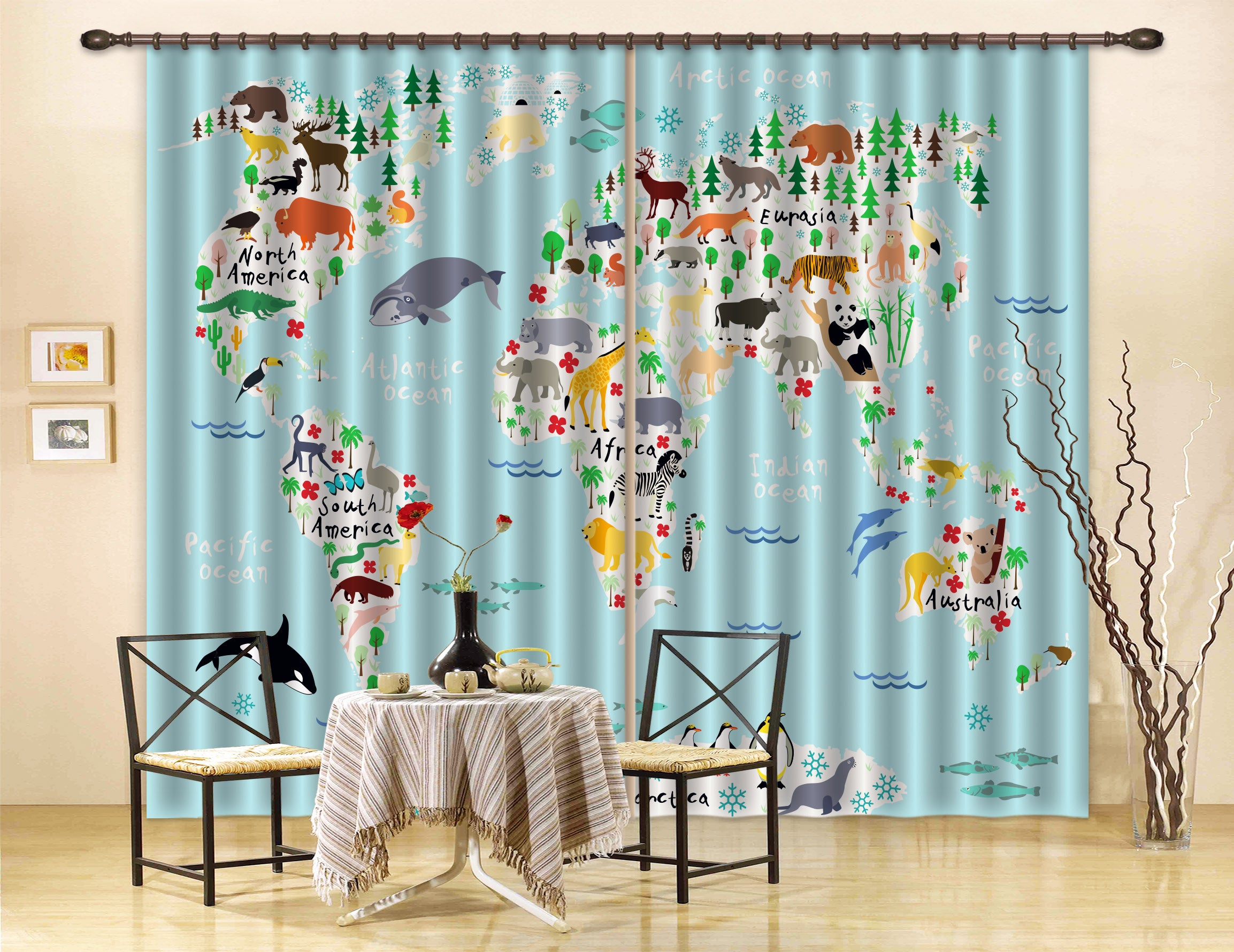 3D Blue Animal World Map Curtains And Drapes Lqh A561