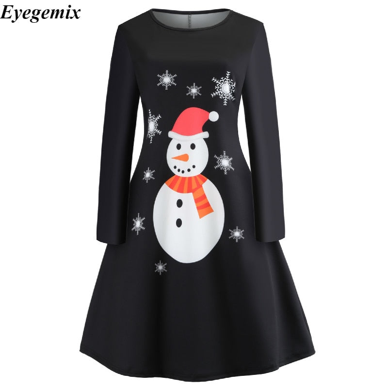 Autumn Winter Christmas Party Dress Casual Long Sleeve O-Neck Black Vintage Dress Deer Snow Print