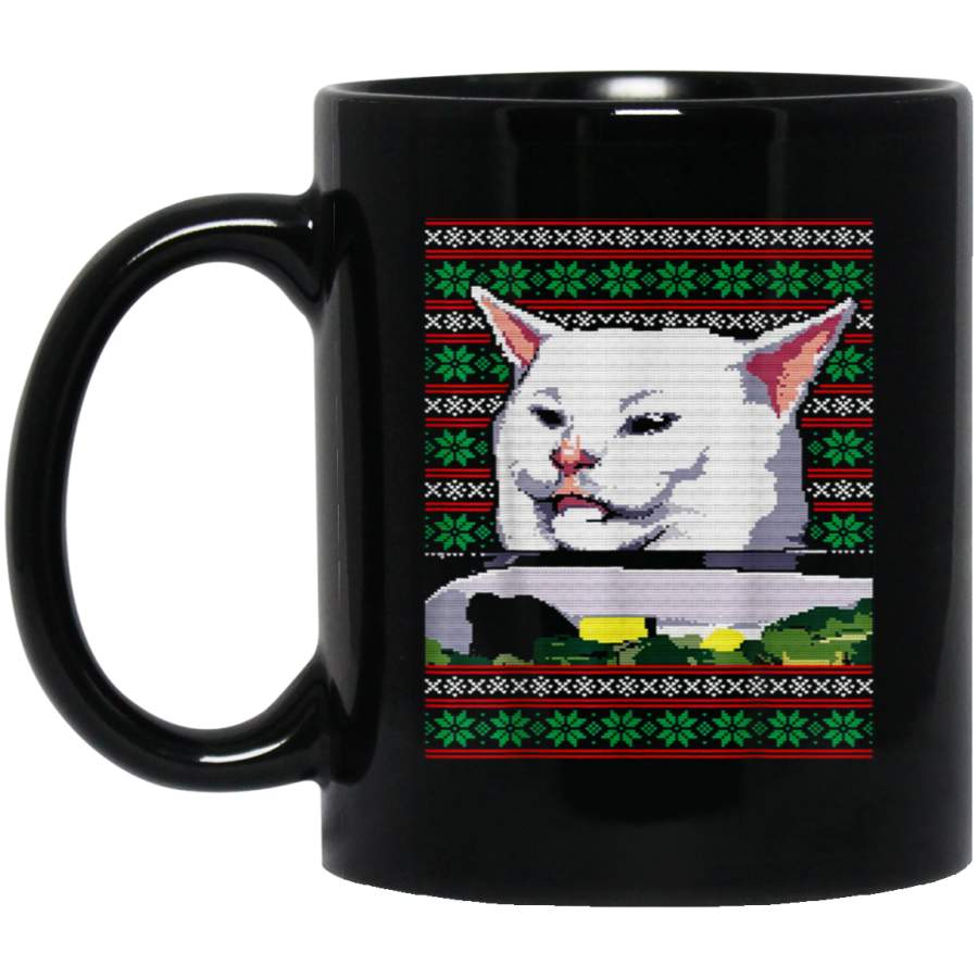 Woman Yelling at a Cat Ugly Christmas Meme 11 oz Black Mug