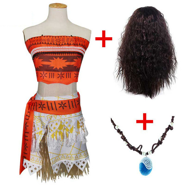 Vaiana Moana Princess Costume Dress Necklace Wig Adult Kids Halloween Party Moana Dress Women Girl Costume Cosplay alx