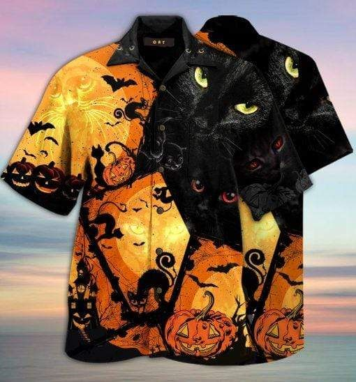 Halloween Black Cat Full Printing Hawaii Aloha Shirts Ha89606