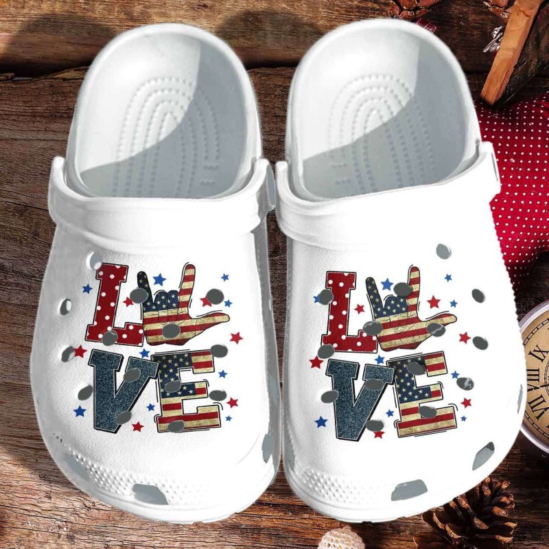 American Flag Love Sign Language 4Th Of July Crocband Clogs