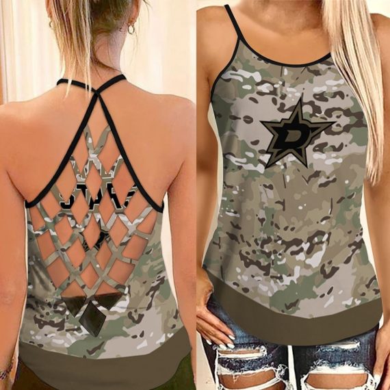 Dallas Stars Camouflage Veteran Us Flag Criss Cross Tanktop