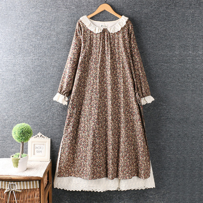 2022 Japanese Embroidery Cotton And Linen Flower Loose Long-sleeved Dress Midi Dress alx