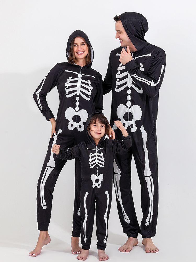 Halloween Scary Skeleton Costume For Adult Kids Family Horror Skull Jumpsuit Carnival Party Hodded Halloween Parent-Child Pajama Alx Donuink Store