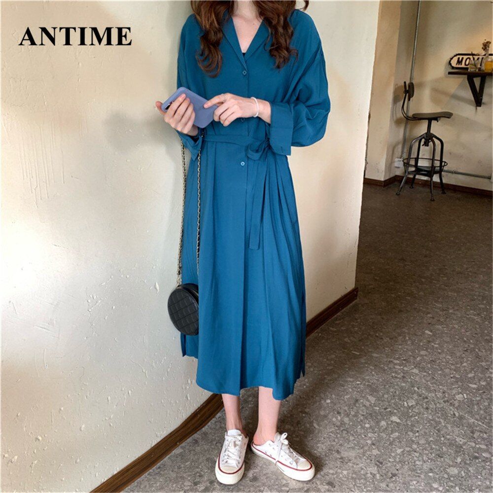 Vintage High Waist Solid Pink Blue Long Sleeve Maxi Dress