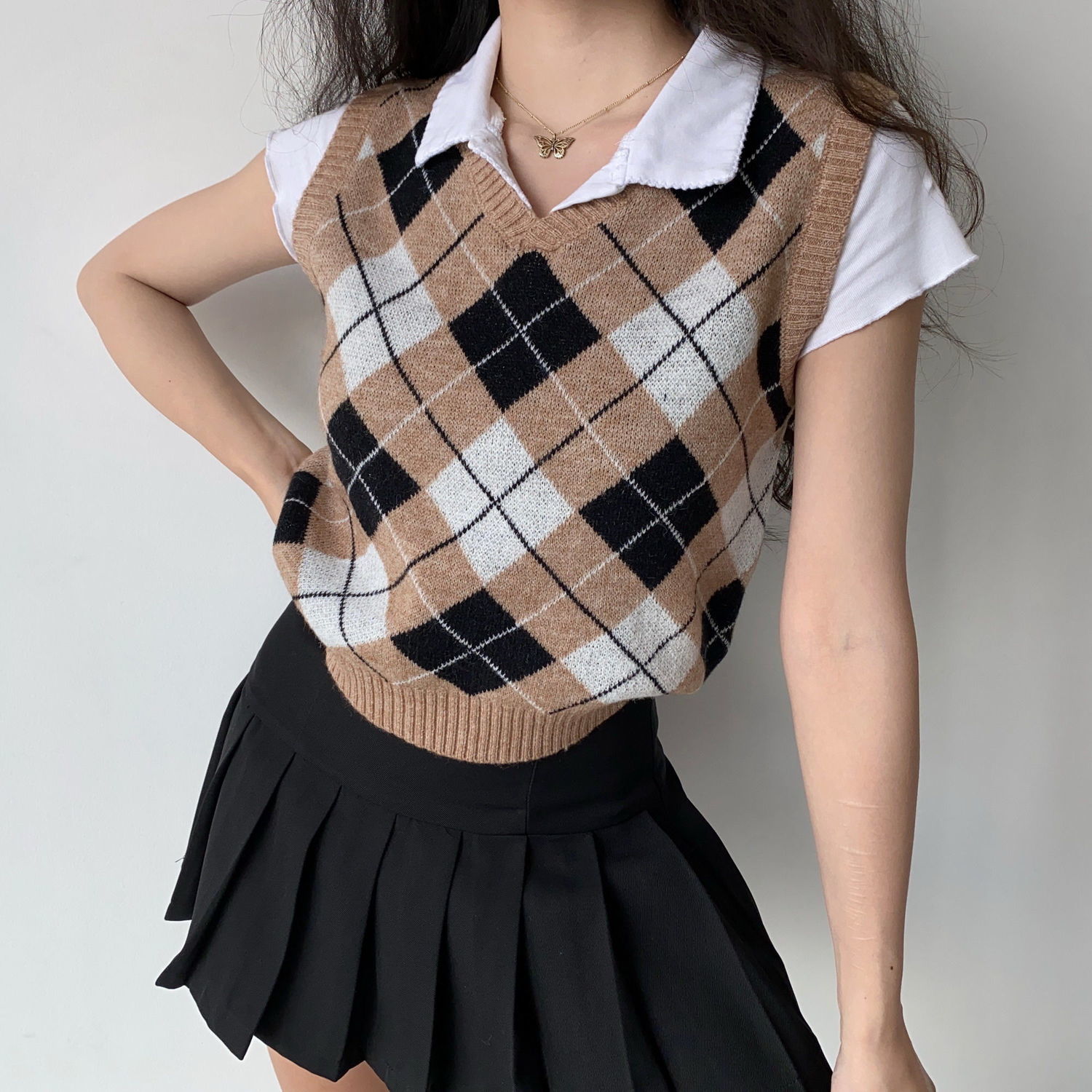 Women Sweater Vests Argyle V-neck Slim Preppy Style College Stylish Jumpers Casual Teens Vintage All-match Ulzzang Daily Tender alx