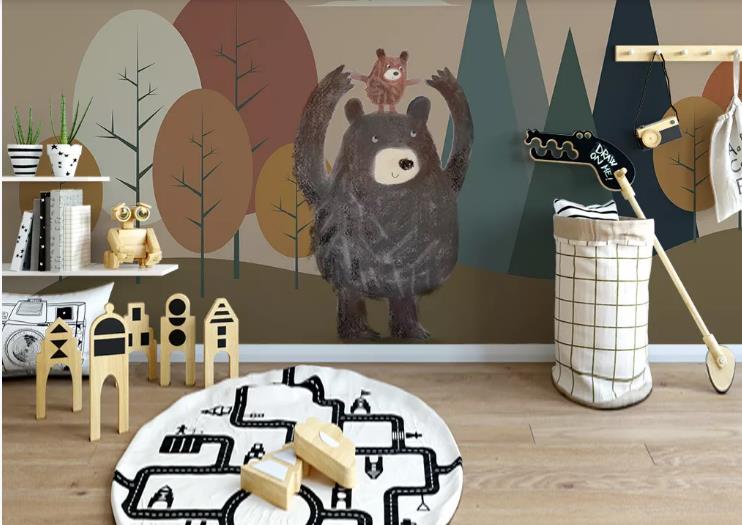 3D Hand Drawn Forest Animal Bear Wall Mural Wallpaper Lqh 338