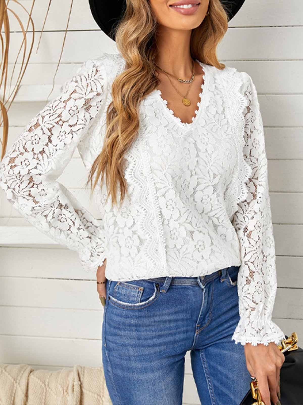 Women V-Neck Loose Casual Long-Sleeved Lace Top