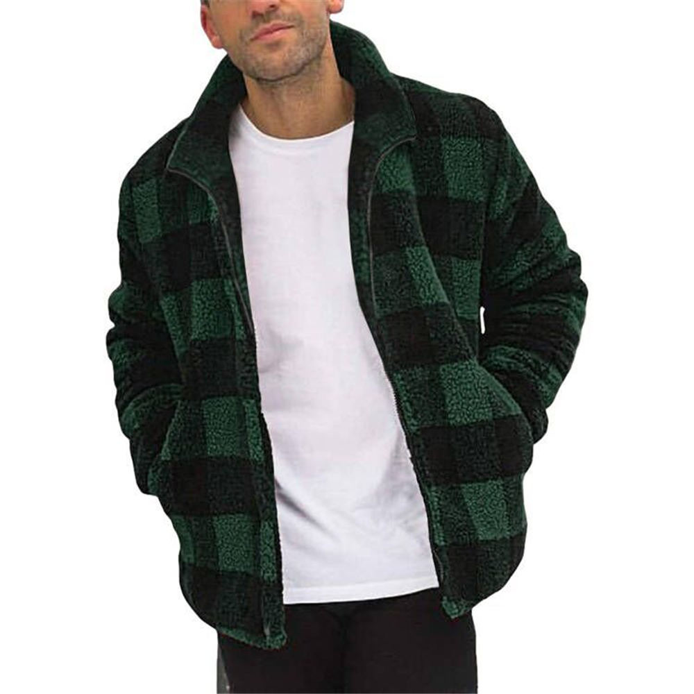 Winter Plaid Fleece Jacket Sweet Plaid Zipper Cardigan Lapel Fuzzy Warm Coat Men’s Sherpa Fluffy Streetwear alx