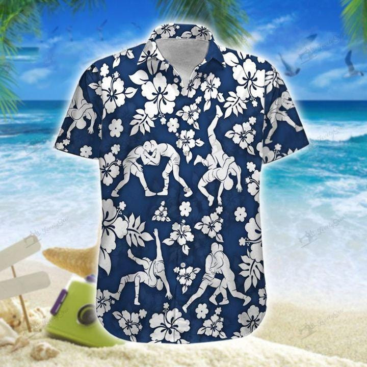 Free Hugs Wrestling Blue Hibiscus Pattern Unisex Hawaii Shirts Beach Shorts Ha81410