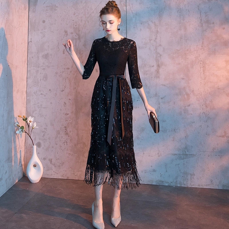 2022 Elegant Evening Dresses Straight Long Half Sleeve Lace Tea Length Cheap Party Dresses Black Evening Gowns alx