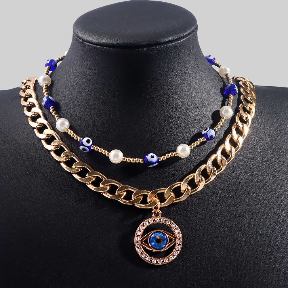 Turkish Blue Evil Eye Shiny Crystal Charm Pearl Beaded Necklace For Women Gold Color Cuban Chain Necklace Set Boho Jewelry Gift alx