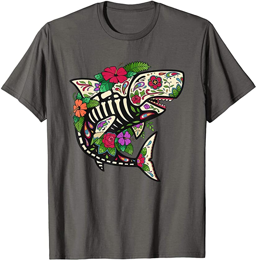 Shark Sugar Skull Calavera Mexico Dia De Los Muertos T-Shirt