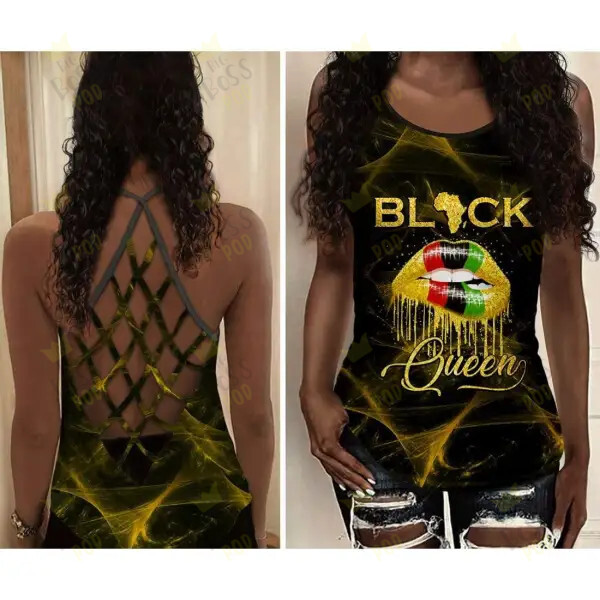 Gift For Black Women – Black Queen Camisole 3D Criss-Cross Tank Top