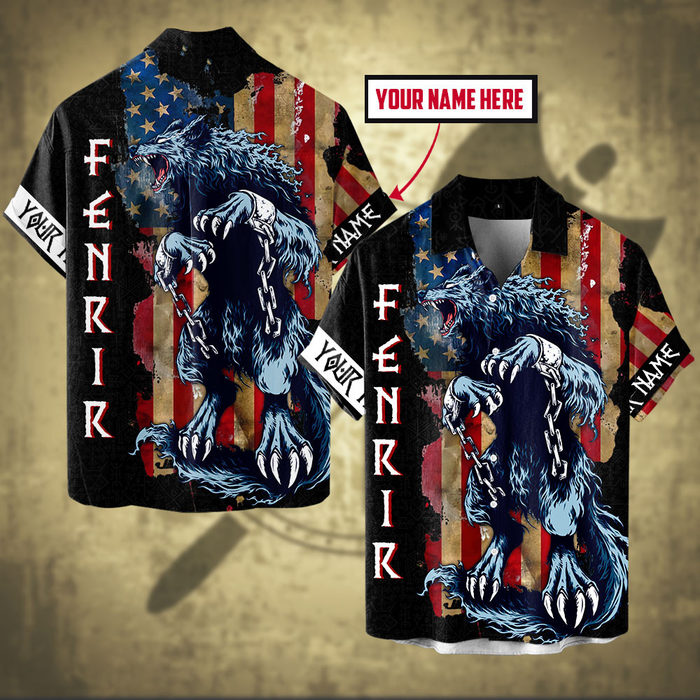 Viking Fenrir The Wolf Of Odin Art And Us Flag Bachground Customized All Over Print Hawaiian Ha35658