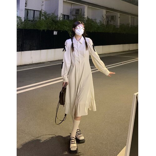 White Sweet Korean Dress Women Autumn 2021 Long Slevee Designer Elegant Dresses Ladies Bow France Casual Shirt Dress Fashion New alx