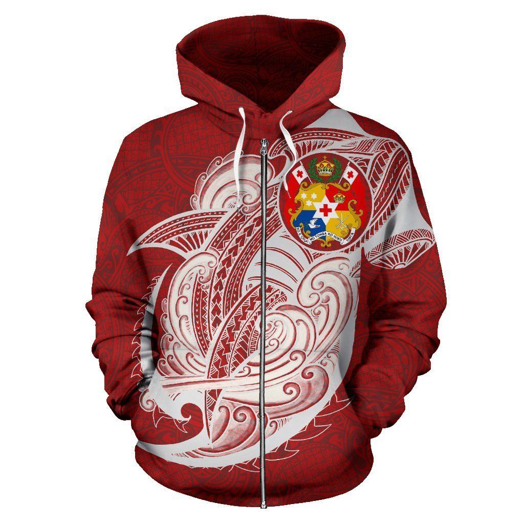 Unisex Tonga Polynesian Shark Pattern Red Color 3D Zip Hoodie All Over Print