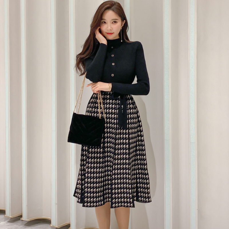 Winter Women’s Korean Style Knit Dress Fashion Turtlenck sweater Knit Spliced Plaid High Waist A-line Dress Vestidos Knee Length alx