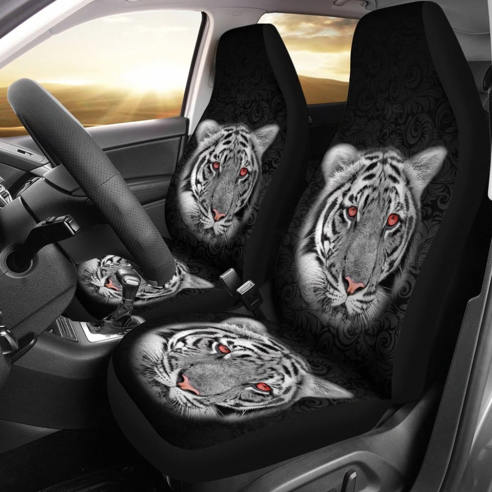 White Tiger Red Eyes Amazing Black Background Car Seat Covers 210102