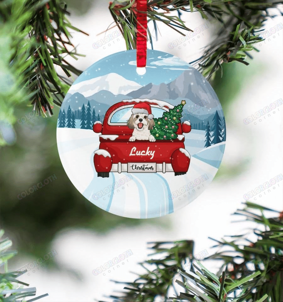 Merry Christmas With Puppy Cavachon And Red Truck And Fir Customized Ornaments