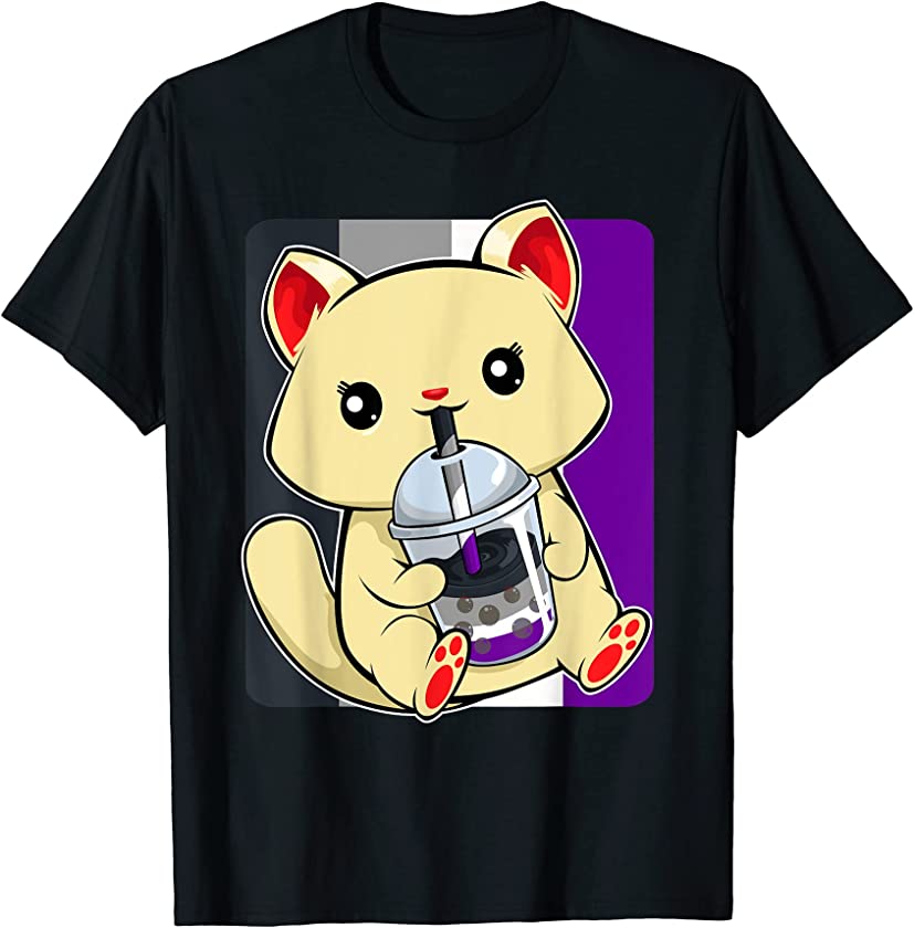 Asexual Cat Drinking Boba LGBT-Q Kitten Asexuality Ace Pride T-Shirt