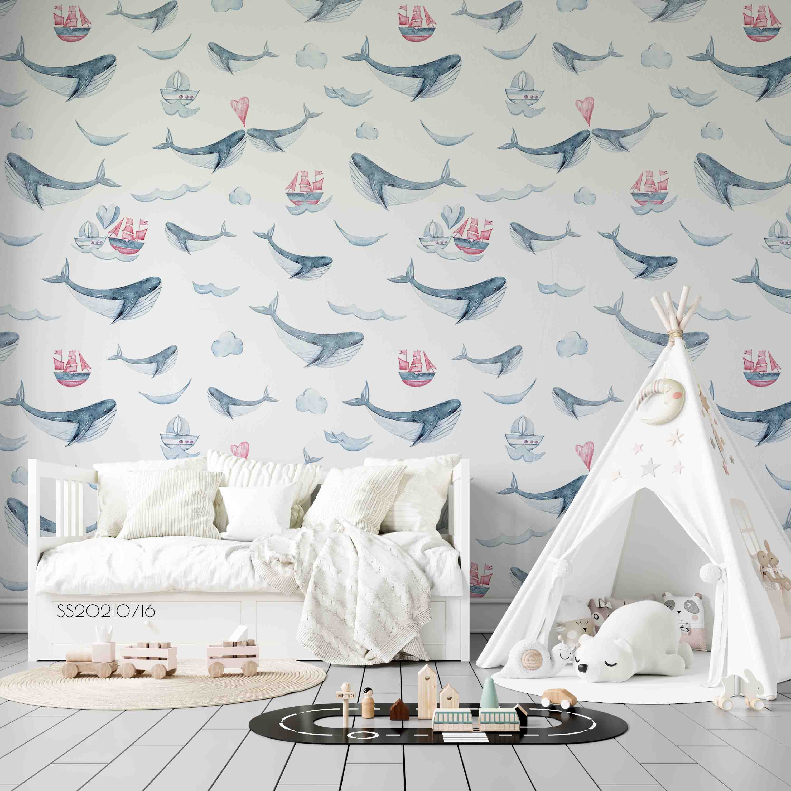 3D Hand Drawn Animal Whale Sailing Wall Mural Wallpaper Lqh 16