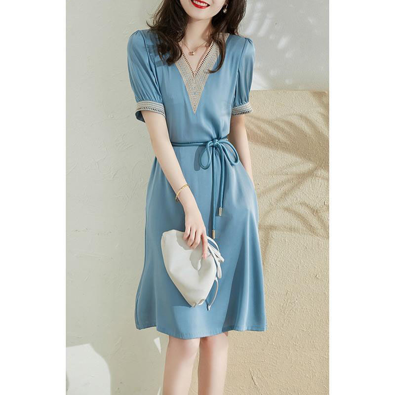 V-Neck Hook Flower Hollow Patchwork Elegant Dress For Women Summer Female Clothing Pockets Solid Lace Up Short Sleeve Dresses alx