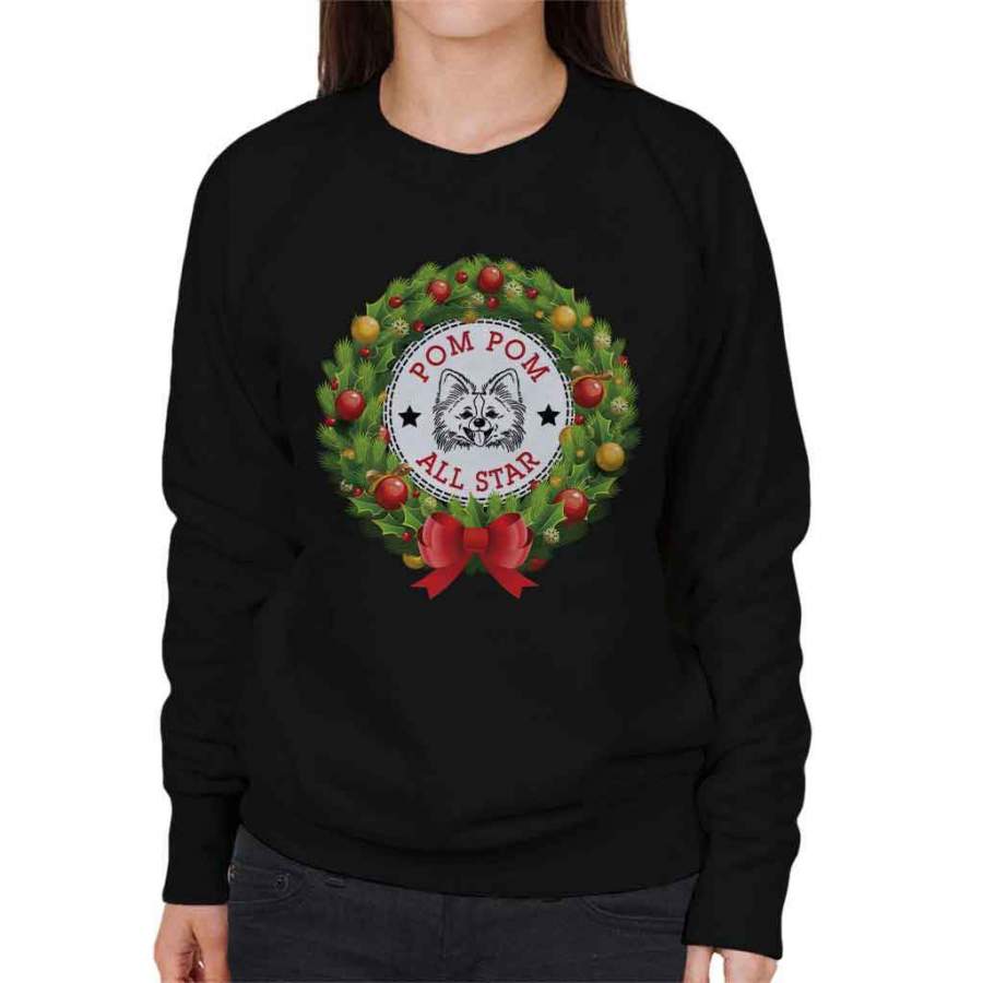 Pom Pomeranian All Star Christmas Wreath Women’s Sweatshirt