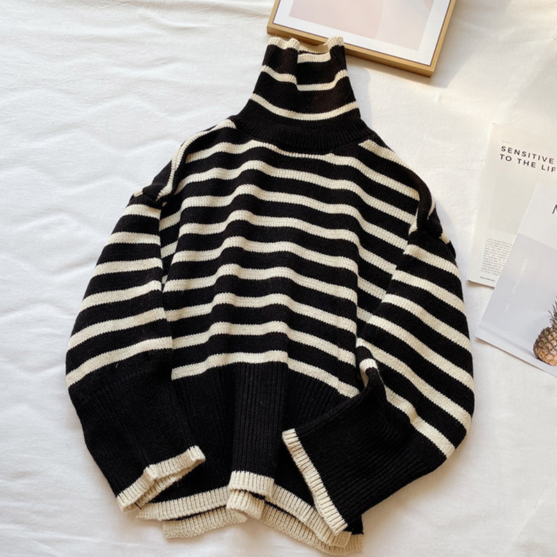 Striped Oversized Sweater Woman Turtleneck Cashmere Loose Knitted Jumper Female Pullover 2021 Winter New Casual Fashion Sweaters alx