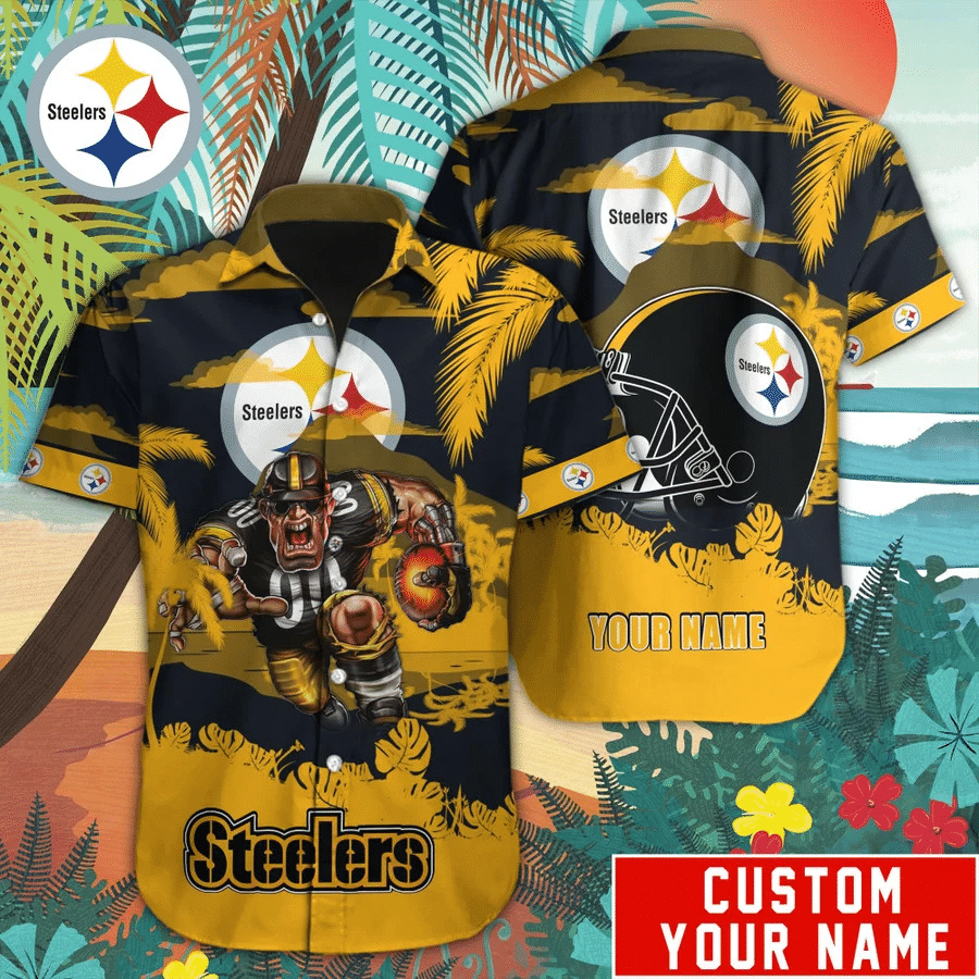 Pittsburgh Steelers Mascot Button Up Hawaiian Shirt Custom Name