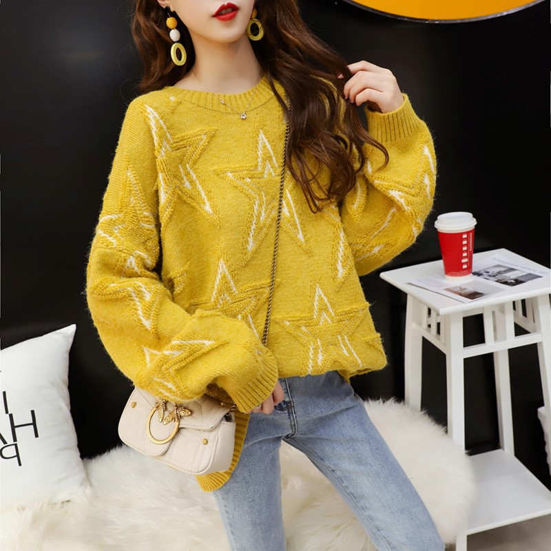 TEELYNN yellow/blue/Beige Stars Pattern Jumpers Women Pullover Sweaters Winter warm long sleeve Loose oversized Knitted sweater alx