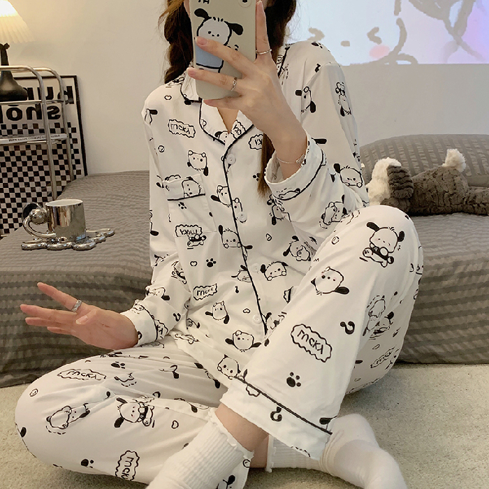 Autumn Winter Women Long Sleeve Cartoon White Dog Print Pajamas Set Large Size Two Piece Sleepwear Suit Lapel Cardigan Pyjamas alx