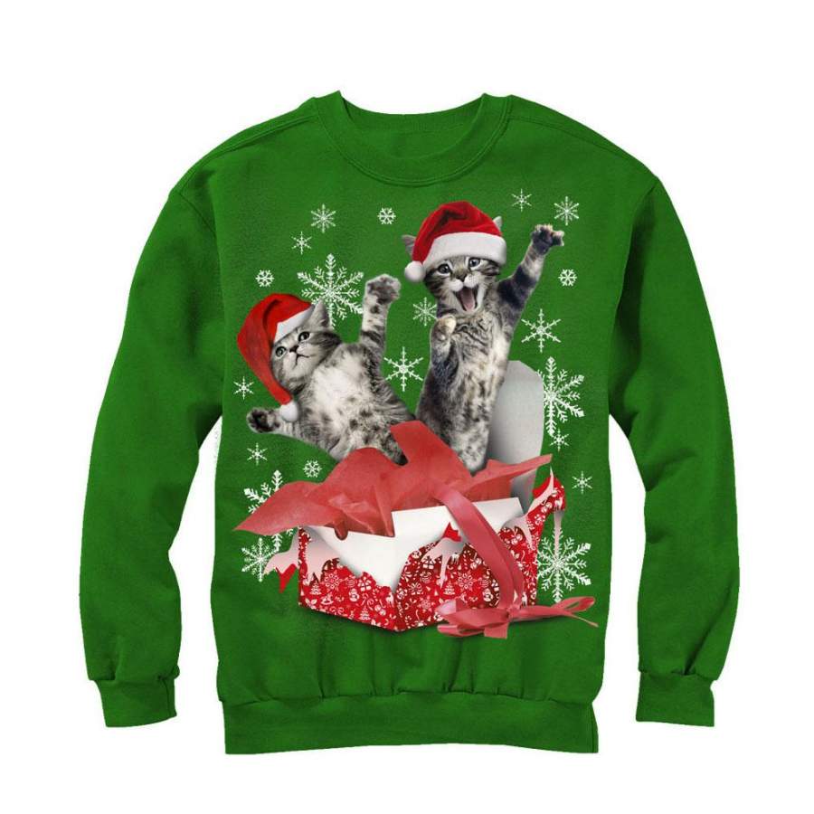 Lost Gods Women’S Ugly Christmas Gift Surprise Kitten  Sweatshirt Kelly Green