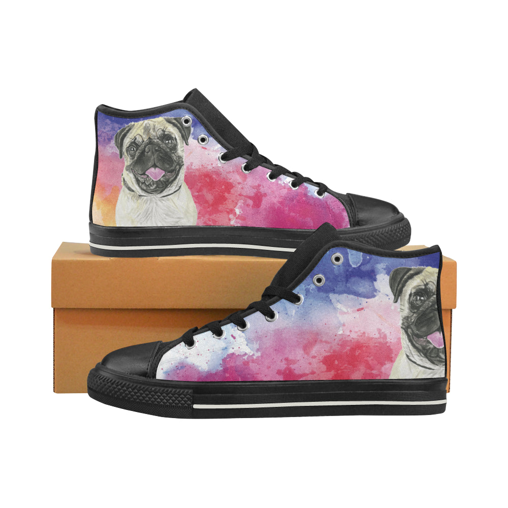 Pug Water Colour No.1 Black High Top Canvas Women’s Shoes/Large Size