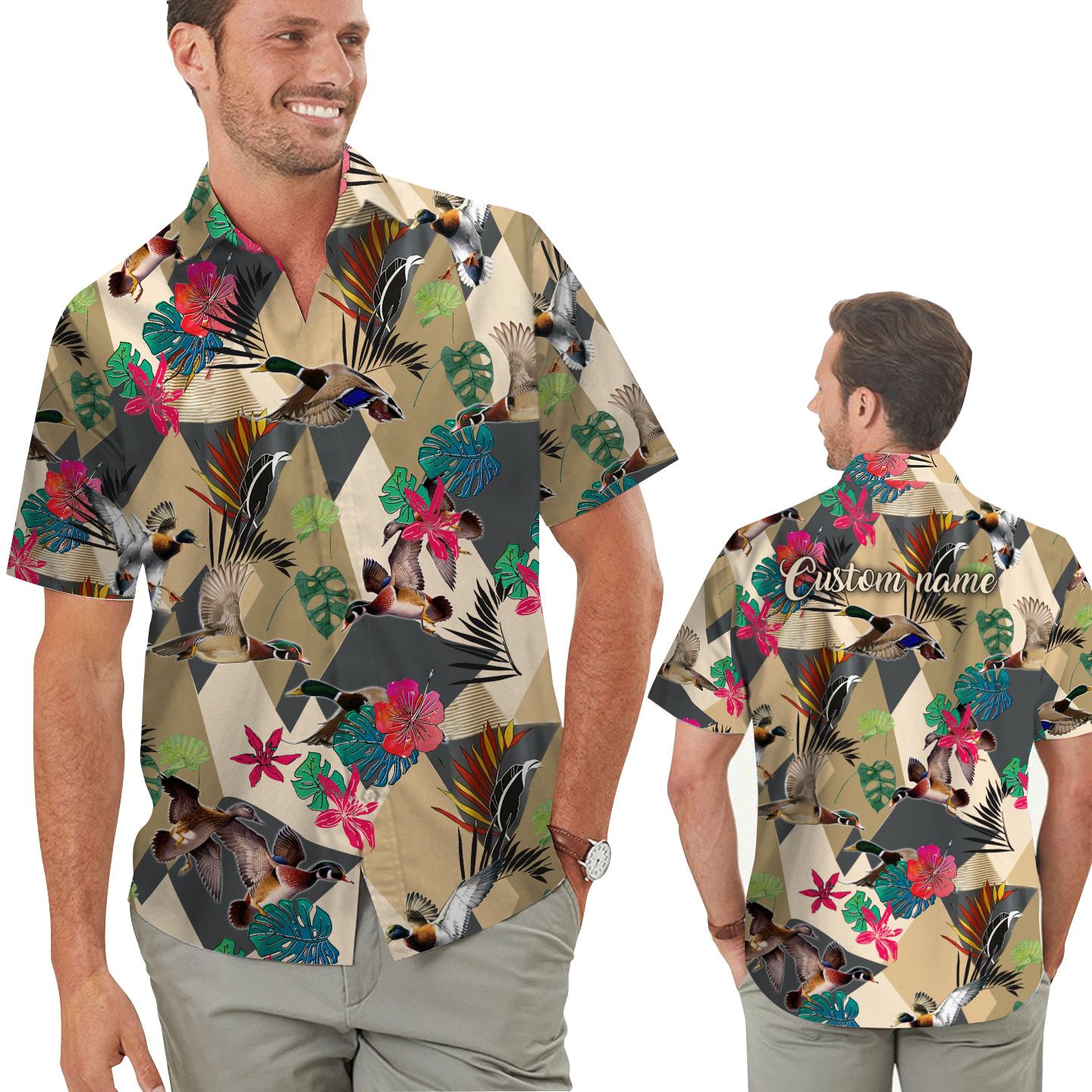 Tropical Leaves Mallard Duck Hunting Custom Name Men Hawaii Shirt For Hunters In Daily Life Ha68777