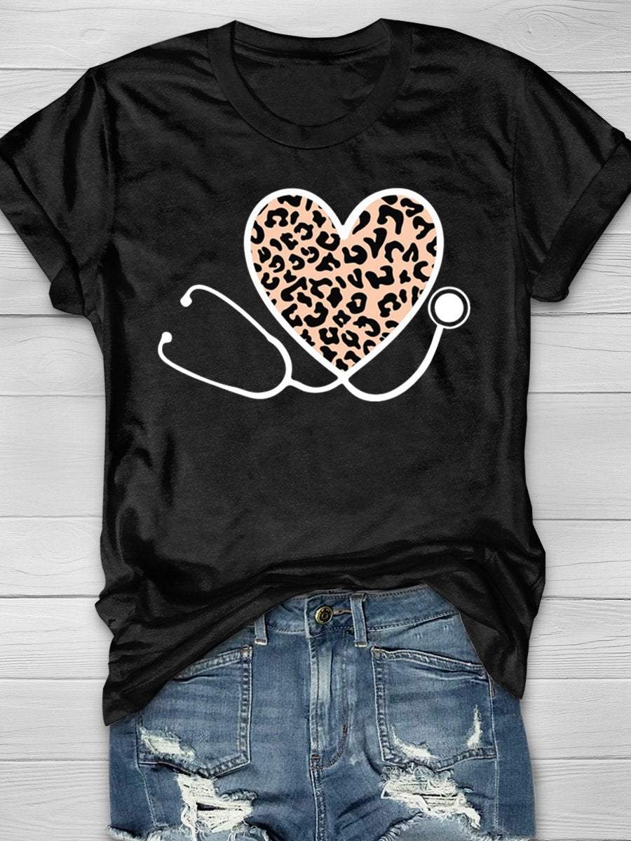 Nurse Stethoscope Leopard Print Short Sleeve T-Shirt