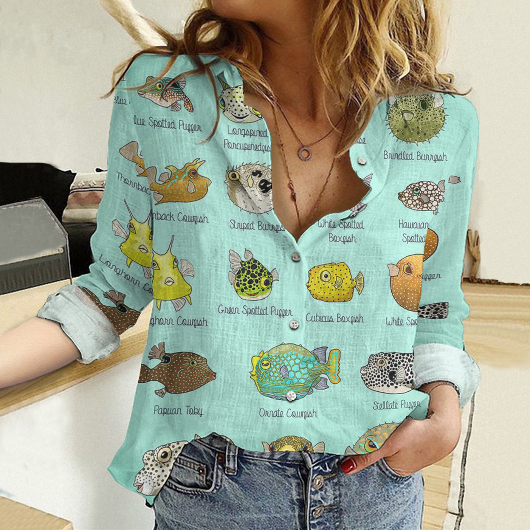 Sea Animal Cotton And Linen Casual Shirt, Puffers Of The World Linen Shirt