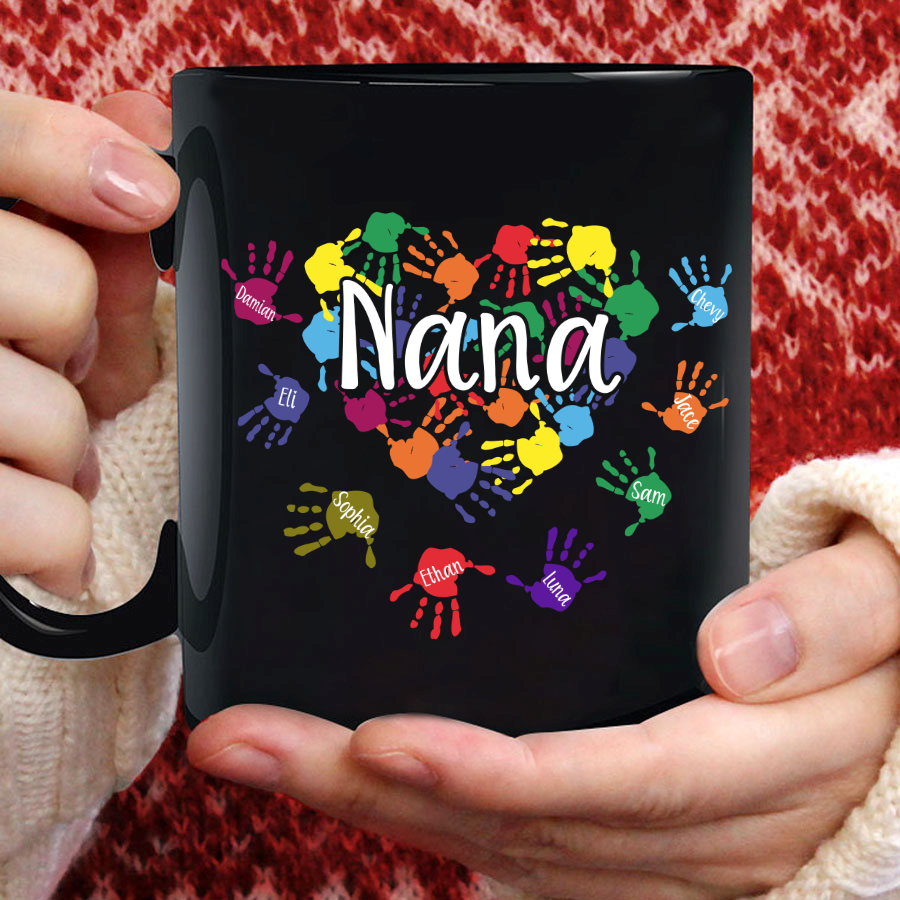 Nana And Grandkids Heart Colorful Hands Mug