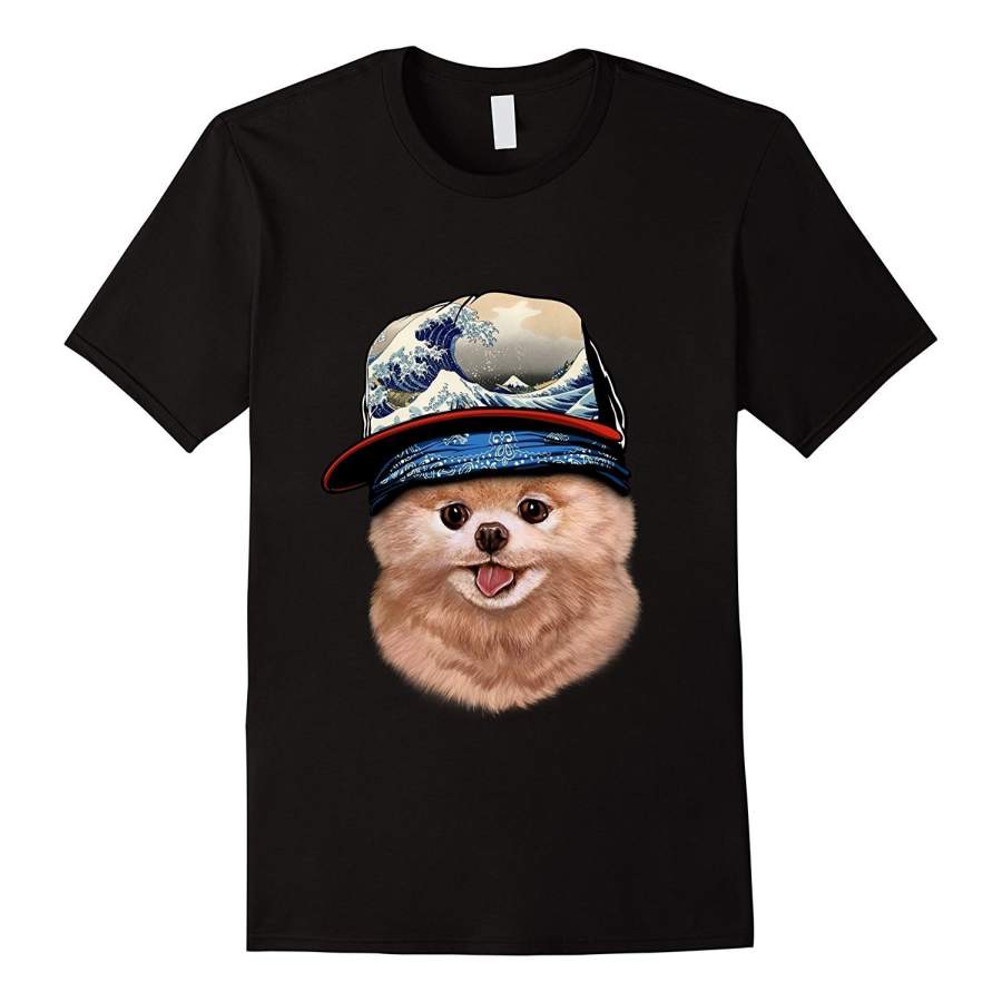 Pomeranian Rapper Puppy short sleeved T-shirt, Japan Hokusai Dog Fashion T shirt
