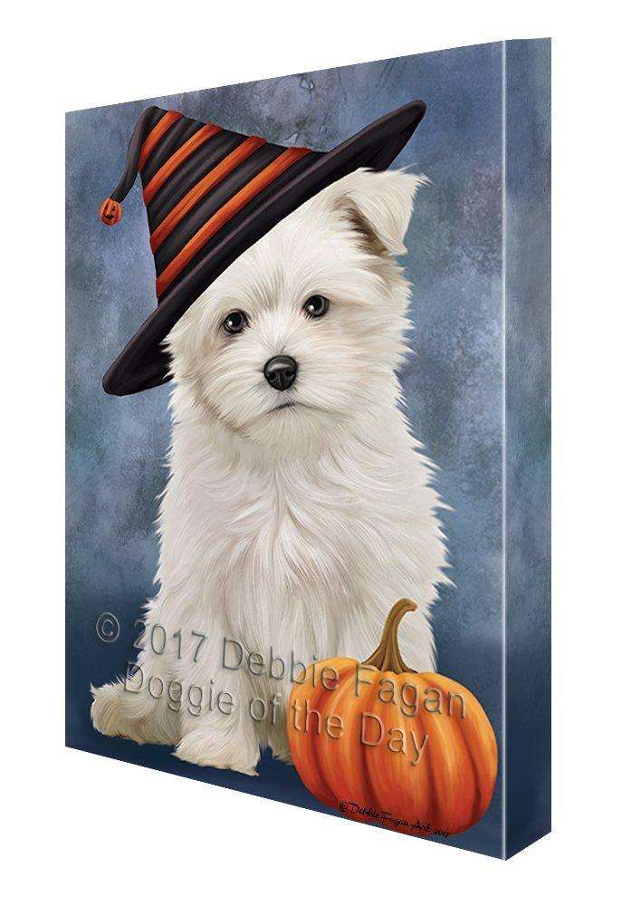 Happy Halloween Maltese Dog Wearing Witch Hat With Pumpkin Canvas Wall Art