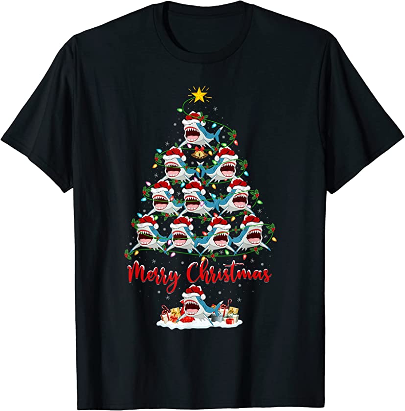 Shark Christmas Tree Lights Funny Shark Xmas T-Shirt