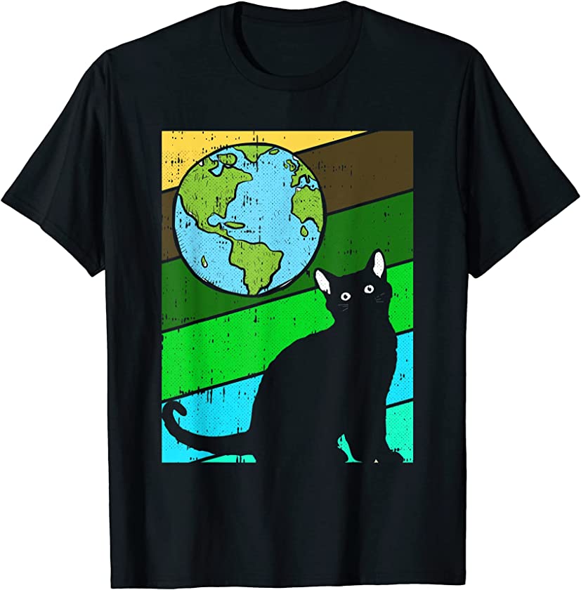 Black Cat Earth Day Retro Kitten Lover Environmentalist T-Shirt