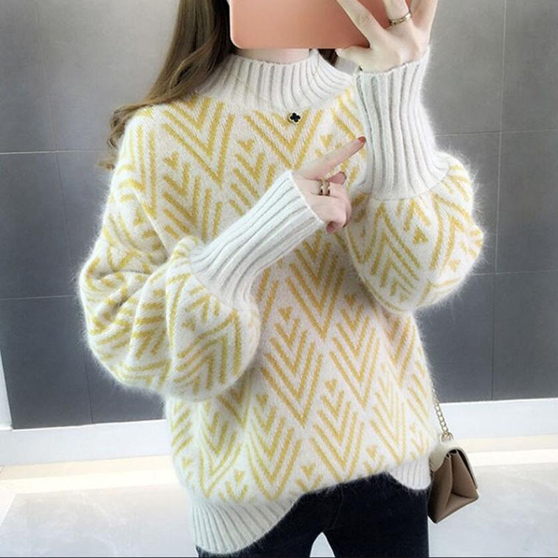 Women Knitted Sweater Fashion Loose half high collar Casual Pullover Thicken Ladies Winter Sweater Korean Style Women Jumper alx